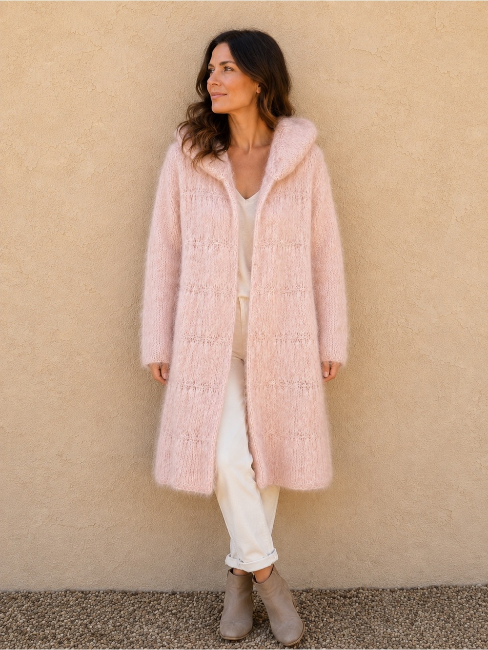 Handmade Blush Heather Pale Pink Mohair-Style Long Duster Cardigan